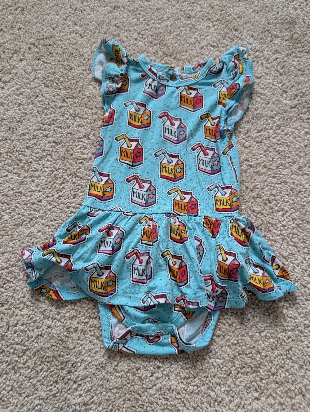 Turquoise Milk Carton Print Ruffle One-Piece Bodysuit